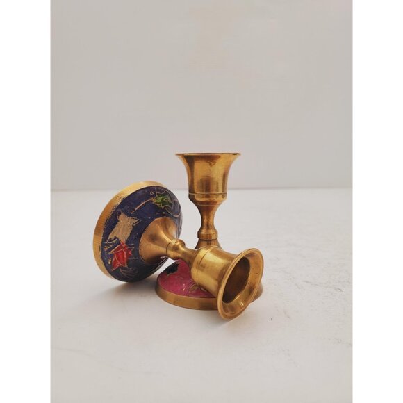 Vintage Brass Candlestick Holder | round Base |Vintage Enamelled Brass - Picture 10 of 10